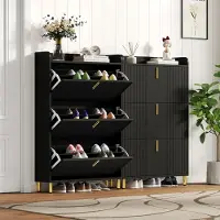 HAUSS SPOLE Schoenenkast - 3 Kleppen Met 6 Vakken - Smal Voor Hal En Gang - Mat Zwart MDF Met Goudkleurige Poot - 80x23x123,5 Cm