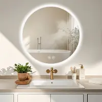 HAUSS SPOLE Badkamerspiegel – Rond 70 cm met Verlichting en Ontwaseming – Glas en Metaal – Zilver – Wandmontage en Dimbaar