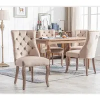 HAUSS SPOLE Eetkamerstoel – Velvet Design – Set Van 4 – Hoge Rugleuning Met Knopen – Voor Eetkamer En Woonkamer – Beige