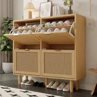 HAUSS SPOLE Schoenenkast - 4 Kleplades Met Rotanfronten - Smal Opbergmeubel Voor Hal En Slaapkamer - Spaanplaat - Licht Eiken - 100x25x90 Cm
