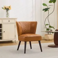HAUSS SPOLE Fauteuil Zonder Armleuningen - Comfortabele Leren Zitting Met Diagonale Stiksels - Voor Woonkamer En Kantoor - Hout - Lichtbruin