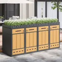 HAUSS SPOLE Mülltonnenbox 4 Vakken Voor 120 Tot 240 L - Plantbak Deksel Met Afwatering - Met Sleutel, Kettingen En Ventilatie - Staal - Grijs Hout