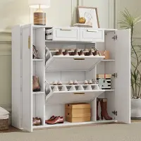 HAUSS SPOLE Schoenenkast - Verstelbare Planken Met 2 Lades En 2 Deuren - Smal Opbergen Voor Hal En Gang - MDF Spaanplaat - Wit - 120x24x107 Cm