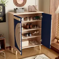 HAUSS SPOLE Schoenenkast - Ronde Geometrische Deuren - Meerlagige Opbergruimte Voor Hal En Gang - Spaanplaat - 76x37x98,5 Cm - Blauw