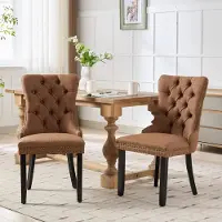 HAUSS SPOLE Eetkamerstoel – Moderne Knopenlook – Set Van 2 – Hoge Rugleuning Met Siernagels – Voor Eetkamer En Woonkamer – Linnen Koffie