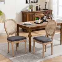 HAUSS SPOLE Eetkamerstoel – Franse Stijl Design – Set Van 2 – Rotan Rugleuning Met Linnen Bekleding – Voor Eetkamer En Woonkamer – Grijs