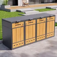 HAUSS SPOLE Afvalcontainer Ombouw 4 Vakken - Met Klapdeksel En Deuren - Ventilatiegaten - Stalen Frame Met Houtlook Panelen - Grijs Hout