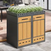 HAUSS SPOLE Container Ombouw 2 Vakken - Voor 120 Tot 240 L - Met Plantbak In Deksel - Afsluitbaar Met Sleutel - Staal Grijs Houtlook