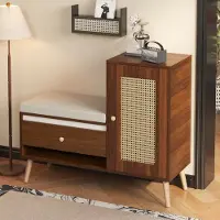 HAUSS SPOLE Schoenenkast - Rotanlook Met Zitkussen En Laden - Opbergmeubel Voor Hal En Entree - MDF Spaanplaat - 95,5x35x80,5 Cm - Noten