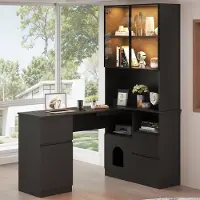 HAUSS SPOLE Hoekbureau - Met Kast, Vitrine En Verlichting - Voor Thuiswerk En Studie - MDF - 120x80x180 Cm - Zwart