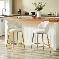 HAUSS SPOLE Barkruk – Luxe Chenille Design – Set Van 2 – Ergonomische Open Rugleuning Met Voetsteun – Voor Keuken, Bar En Woonkamer – Stof Beige