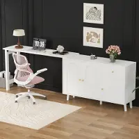 HAUSS SPOLE Dressoir – 2-in-1 Schrijftafel Met 360° Draaiend Blad – 3 Deuren En 1 Lade – Spaanplaat – 120x40x74.5 Cm – Wit Met Gouden Accenten