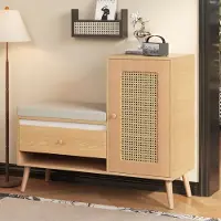 HAUSS SPOLE Schoenenkast - Rotanlook Met Zitkussen En Laden - Met Kastdeur En Open Vakken Voor Hal - MDF Spaanplaat - Naturel - 95,5x35x80,5 Cm