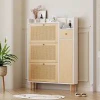 HAUSS SPOLE Schoenenkast Met Kanteldeuren En Lade - Voor Smalle Hal En Entree - MDF Met Houtlook - Naturel Wit - 90x17x125 Cm