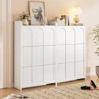 HAUSS SPOLE Schoenenkast Set Van 2 - 12 Vakken Met 6 Klepdeuren En Bovenlade - Voor Hal En Woonkamer - MDF - Wit - 140x25x120 Cm