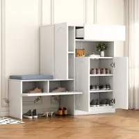 HAUSS SPOLE Schoenenkast - Schoenenbank Met Gepolsterd Zitgedeelte En Gewölbte Deuren - Verstelbare Vakken Voor Hal Of Gang - 130x35x110 cm - Spaanplaat - Wit