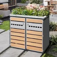 HAUSS SPOLE Afvalcontainerkast - Met Plantenbak En Ventilatie - 2 Afsluitbare Deuren Voor Tuin En Oprit - Staal Grijs Houtlook