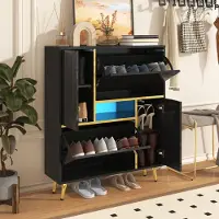 HAUSS SPOLE Schoenenkast - Hoogglans Front Met 16-Kleurige LED - 2 Deuren Met Verstelbare Planken - Spaanplaat - 80x25x96 cm - Zwart