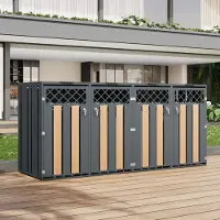 HAUSS SPOLE Afvalcontainer Ombouw - 4 Vakken Met Hydraulische Klapdeksel En Slot - Voor Tuin En Oprit - Staal Grijs Houtlook - Groot