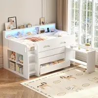 MODFU - Halfhoogslaper - Met Verrijdbaar Bureau En Opbergruimte - Modern - MDF En Multiplex - Wit - 90 x 200 cm