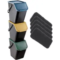Practic - Set van 3 prullenbak BINI-afvalscheidingsbakken met gekleurde deksels + 5 stuks koolstoffilters