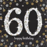 Amscan Servetten 60 jaar - 48x stuks - zwart - 33 x 33 cm - confetti - luxe - verjaardag