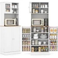 Costway Keukenkast 170 cm, buffetkast hoog, voorraadkast met 2 glazen deuren, 8 deurplanken, werkblad en verstelbare planken, hoge kast, multifunctionele kast, voor keuken, woonkamer, eetkamer, wit