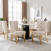 HAUSS SPOLE Eetkamerstoel - Luxe Velvet - Set Van 6 - Met Ringgreep En Gouden Poten - Voor Eetkamer En Woonkamer - Beige
