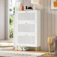 OKWISH Schoenenkast - 3 Geribbelde Klepdeuren - Smal Voor Hal - 6 Vakken - MDF En Spaanplaat Wit - 73x23x125 cm
