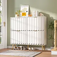 OKWISH Schoenenkast - Smal Met 4 Kleppen - Verstelbare Vakken En Kantelbeveiliging - Wit MDF En Spaanplaat - 100x24x91,5 cm