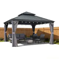 PURPLE LEAF Hardtop Aluminium Tuinpaviljoen – Dubbel dak – Hoogwaardige Gordijnen – Wind- en weerbestendig – Luxueus Grijs – Met Sfeerverlichting