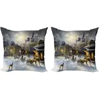 Abakuhaus Kleurrijke decoratieve kussenhoez 2-pack, Winters boerderijlandschap, 40x40 cm, Grijs meerkleurig