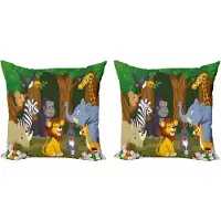 Abakuhaus Decoratieve kussenhoes met dierenprint, 2 stuks, cartoon olifant-leeuw, 40x40 cm, varen groenbruin