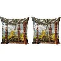 Abakuhaus Hawaii decoratieve kussenhoez 2-pack, tiki-maskers en palmbom 40x40 cm, bruingroen