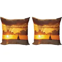 Abakuhaus Decoratieve kussenhoes met oceaanmotief, set van 2, thema vrijheid en oceaanboot, 45x45 cm, donkeroranje