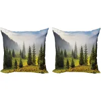 Abakuhaus Witte decoratieve kussenhoez 2-pack, Groene bomen in een weide, 40x40 cm, Wit Groen