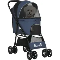 PawHut Hundewagen, faltbarer Hundebuggy, Hundetrolley mit Kissen, Katzenbuggy, Katzenwagen mit 4 Rädern, Netzfenster, Stauraum für kleine Hunde, Katzen, 600D Oxford, Marineblau