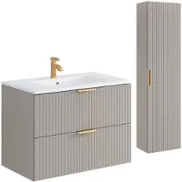 Vente-unique Hangend badkamermeubel met inbouwwastafel en kast - Geribbeld Beige - 80 cm - ZEVARA