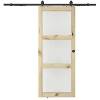 Vente-unique Hangende schuifdeur met opbouwsysteem en 3 ramen - H205 x L63 cm - Naturelkleurig mdf - Mat gehard glas - ACOSTA II