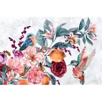 Karo-art 368cm X 280cm - Fotobehang - Waterverf vogel tussen kleurrijke bloemen, 11 maten, Inclusief behanglijm, prachtig op de muur