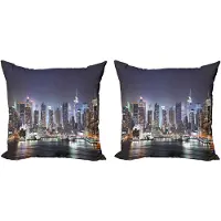 Abakuhaus New York Decoratieve Kussenhoes, Set van 2, Manhattan Skyline 's Nachts, 60x60 cm, Oranje Blauw