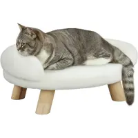 PawHut Hundesofa, Hundebett, Haustiersofa mit Erhöhtem Design, Hundecouch, Katzensofa, Hundesessel mit Holzbeine, Flanelle, Creme, 47 x 40 x 20 cm