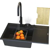 Granitan Spoelbakken Granieten Rendo - Wasbak Keuken Zwart - Met Sifon en Kraan - 80x50x22cm