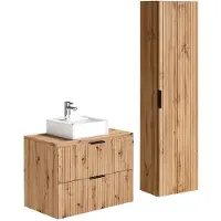 Vente-unique Geribbeld hangmeubelvoor badkamer met opzetwastafel - Licht naturel - 80 cm - ZEVARA
