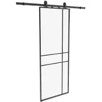 Vente-unique Schuifdeur met opbouwsysteem en asymmetrisch design - aluminium en gehard glas - H204 x B83 cm - Zwart - SANIVA