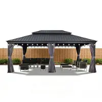 PURPLE LEAF Hardtop Aluminium Tuinpaviljoen – Dubbel dak – Hoogwaardige Gordijnen – Wind- en weerbestendig – Luxueus Grijs – Met Sfeerverlichting