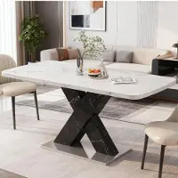 MODFU Uitschuifbare rechthoekige eettafel met een marmerlook, metalen X-vormige poten, geschikt voor de keuken of eetkamer, wit