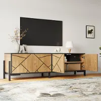MODFU - TV-Meubel - 4 Deuren - Geometrisch Design - Industrieel - Voor Woonkamer - MDF - Naturel Houtkleur En Zwart - 153 x 40 x 50 cm
