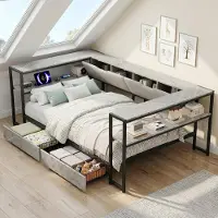 STILVORA Gestoffeerd Daybed 90x200 cm – Opladen via USB-C – 2 Lades en Opbergvakken – Jeugdbed van Linnen – Grijs – Zonder matras