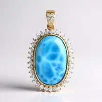 Cavill - Gouden Hanger 375 Geelgoud - 19,03 ct Larimar Ovaal Cabochon - 1,3 ct Briljant Zirkonen - Elegante Luxe Sieraad